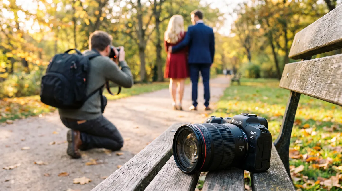 Photographe professionnel présentant une mosaïque photo à ses clients